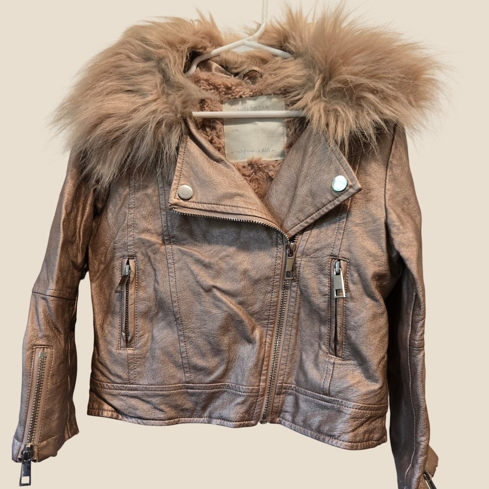 Matalan Girlswear Rose Gold Metallic Faux Leather Moto Jacket Faux Fur Trim 6Y
